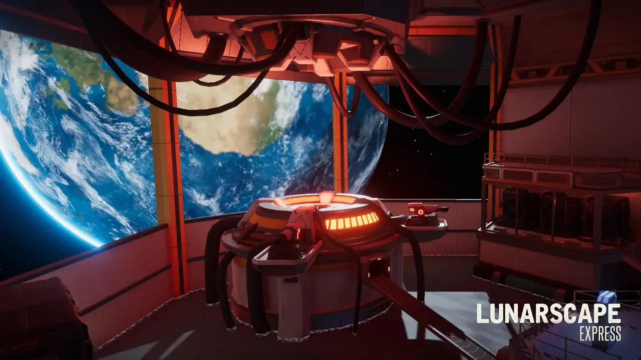 Red machine in front of a panoramic window looking out at Earth