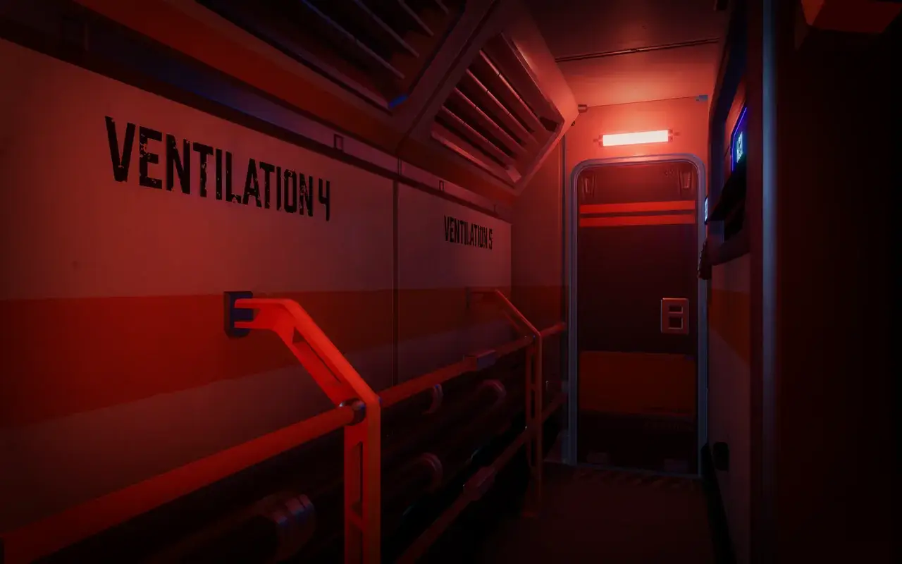 Red-lit “Ventilation 4” corridor with railing and door