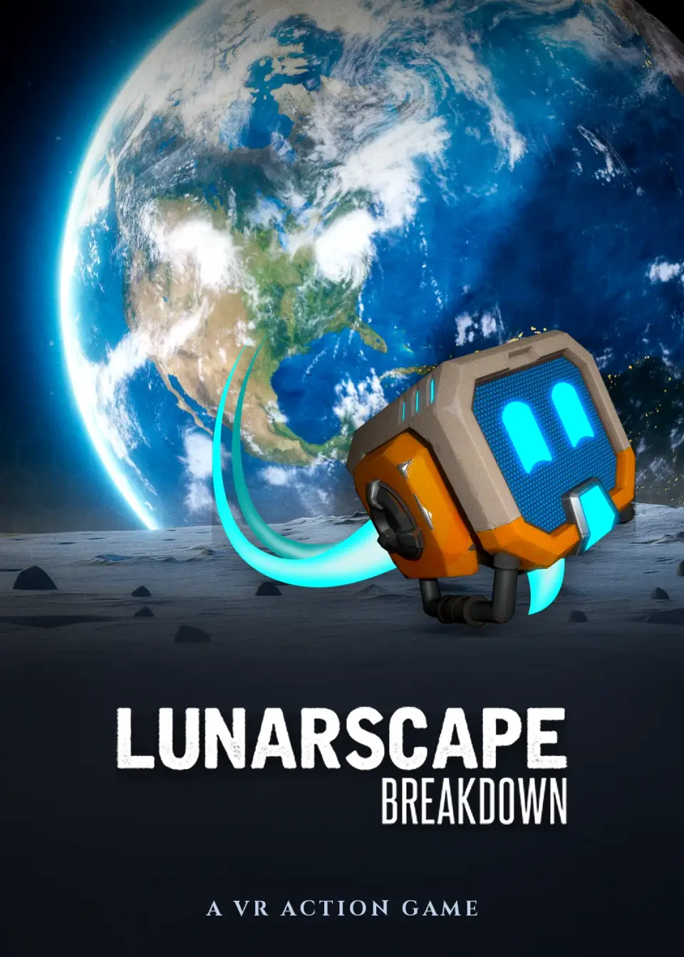 Lunarscape poster: a small robot flying over the moon's surface with Earth rising behind
