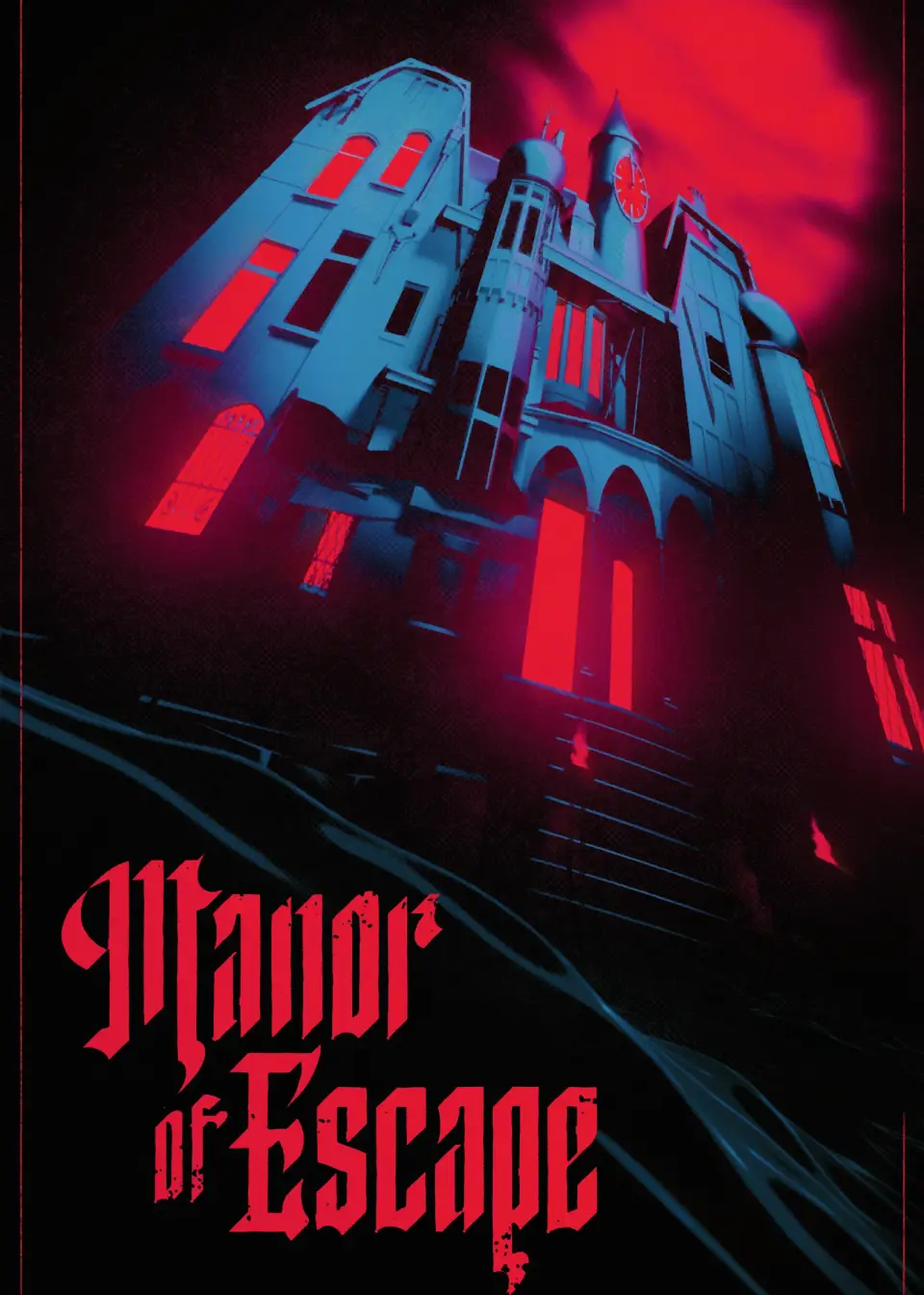 Plakat von Manor of Escape: düsteres Herrenhaus mit rot erleuchteten Fenstern