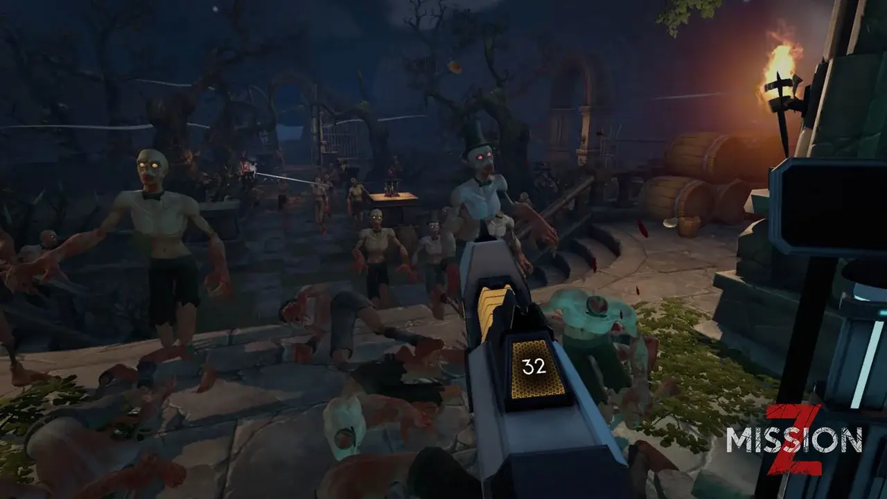 Zombies charge the player by torchlight, gun with ammo counter in view