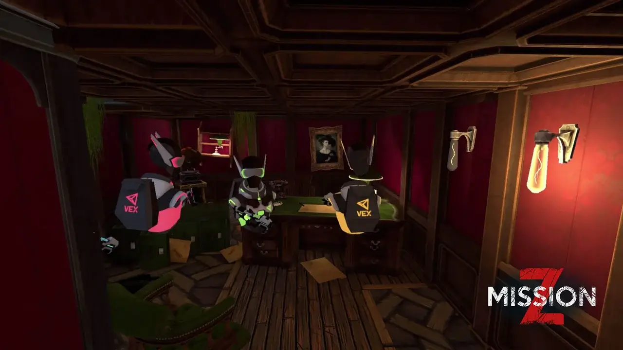 Three robot player avatars in a red study inside the mansion