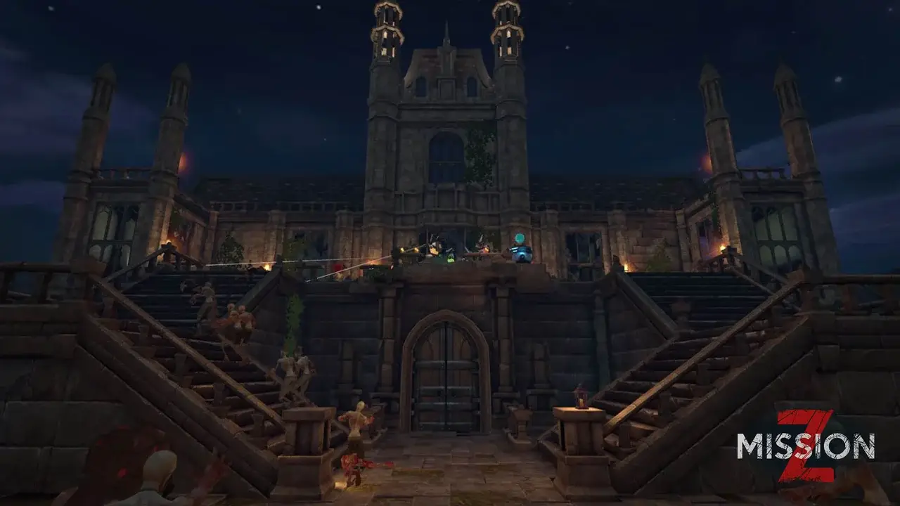 Mansion at night with a double staircase, zombies on the steps