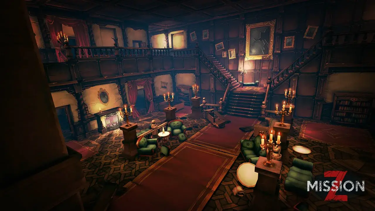 Mansion entrance hall with fireplace, candelabras and gallery