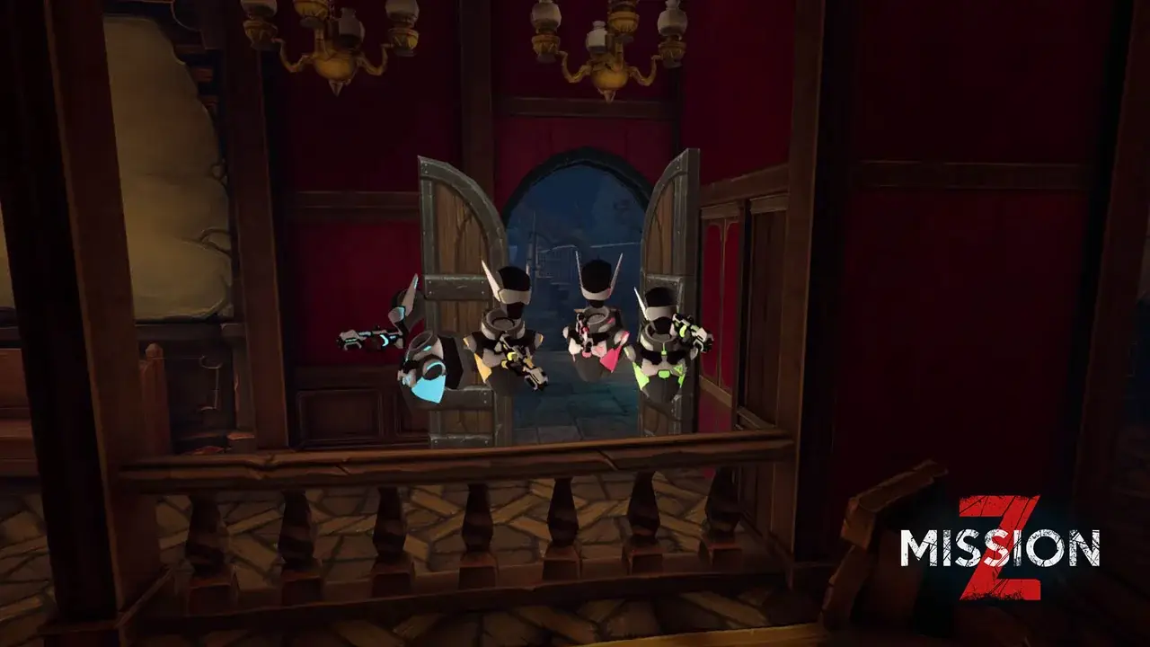 Robot player avatars on a gallery in front of an arched window