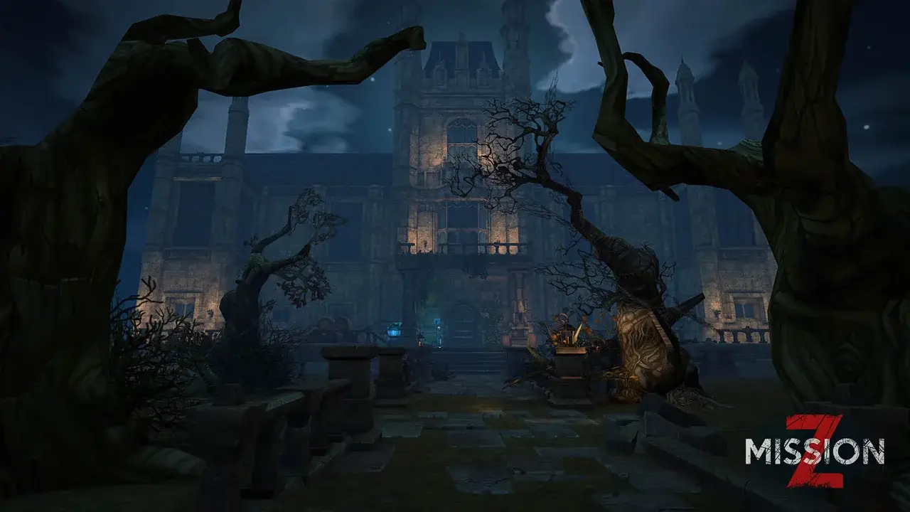 Overgrown garden with bare trees in front of the mansion at night