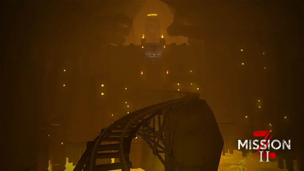 Rail bridge in a golden-glowing mine with sparks in the air