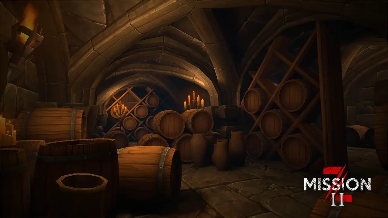 Vaulted cellar with wine barrels, racks and candlelight
