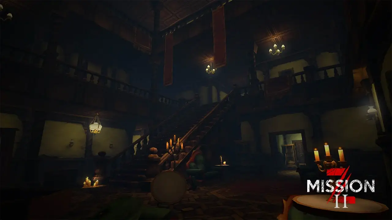 Dark mansion hall with staircase, chandeliers and candles