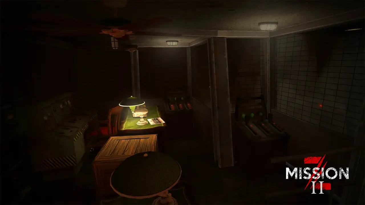 Dimly lit control room with desk lamp and control panels