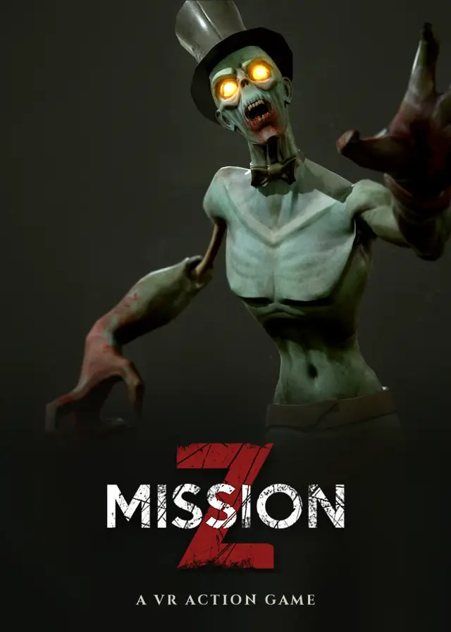 Plakat von Mission Z: Zombie mit Zylinder und leuchtenden Augen greift nach vorn