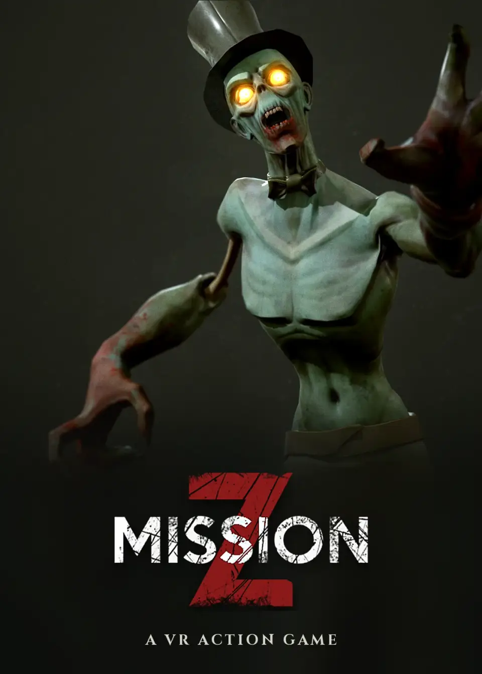 Mission Z poster: a zombie in a top hat with glowing eyes reaching forward