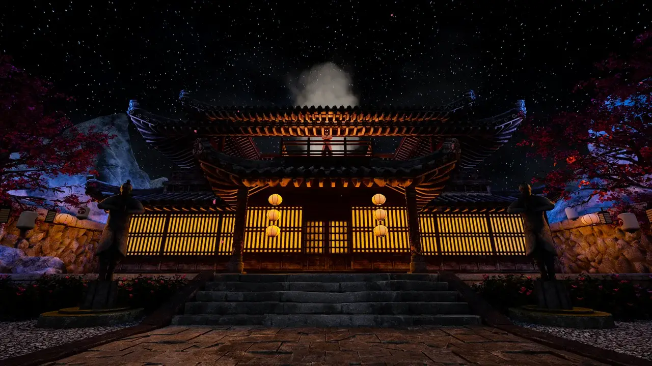 Japanischer Tempel bei Nacht mit Laternen, Wächterstatuen und Kirschblüten