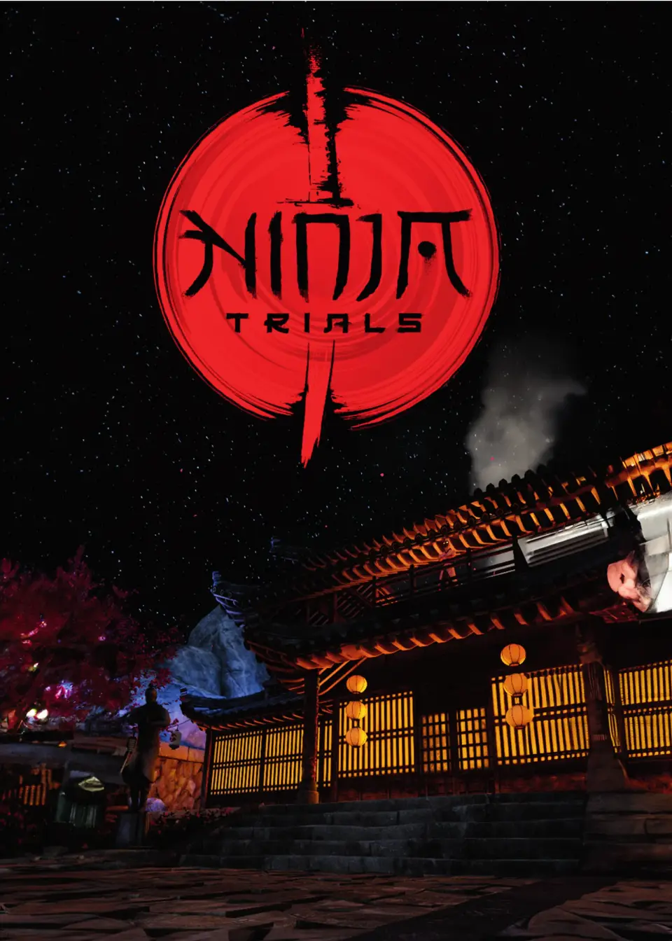 Plakat von Ninja Trials: Spielname in roter Sonne über einem nächtlichen japanischen Tempel