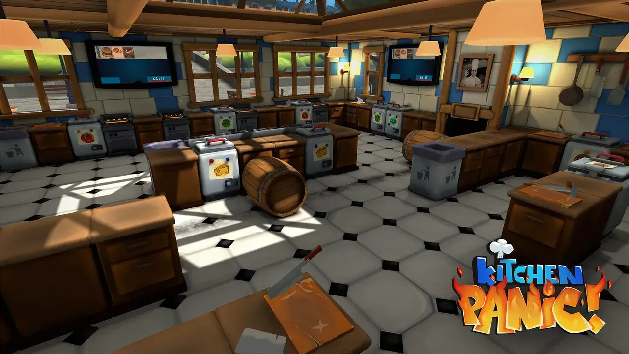 Bright restaurant kitchen with work islands, chopping board and order screens
