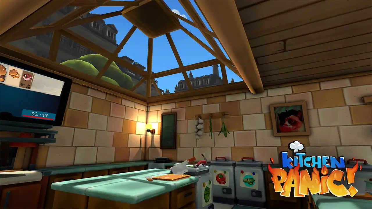 Kitchen with glass roof, stoves and an order screen with countdown