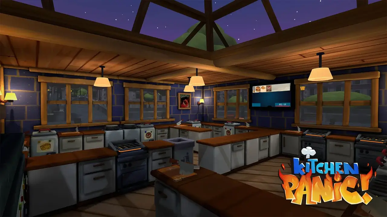 Kitchen in the evening with counters under a wooden roof and skylights