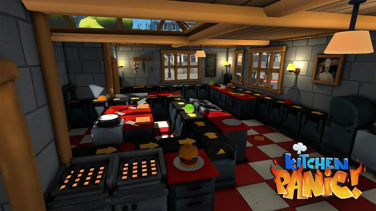 Grill station with red-and-white tiled floor and burgers on the hotplates