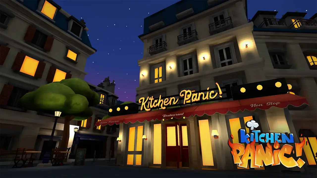 “Kitchen Panic!” restaurant at night on a Parisian street