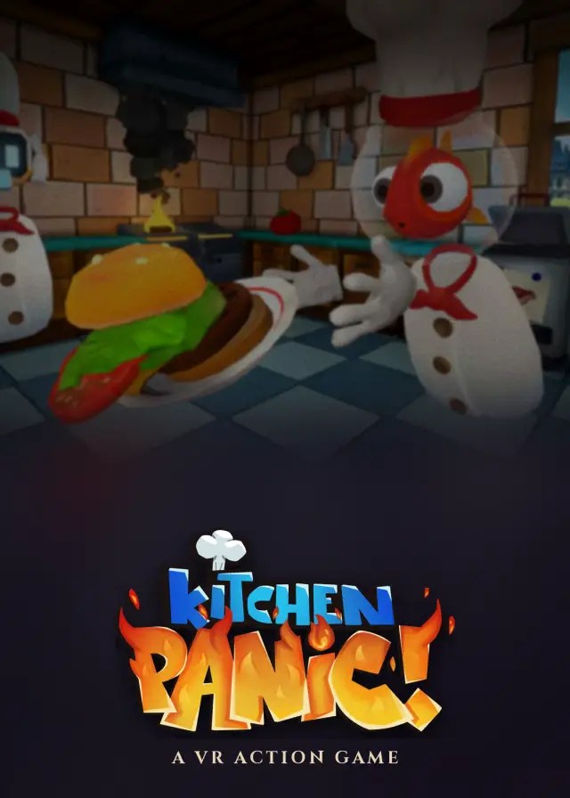 Plakat von Panic Kitchen: Roboter-Koch und Vogel-Koch mit einem Burger