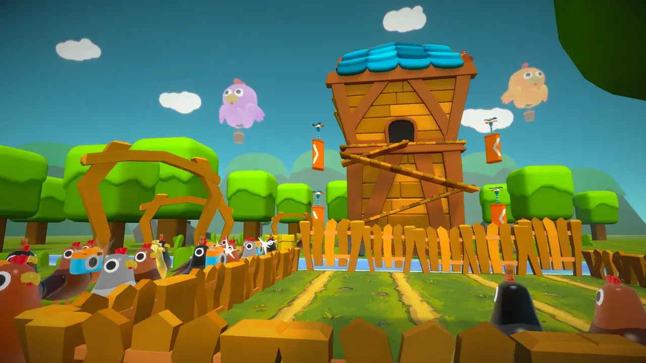 Chicken minigame: colourful chickens at a fence before a wooden tower, balloon birds above