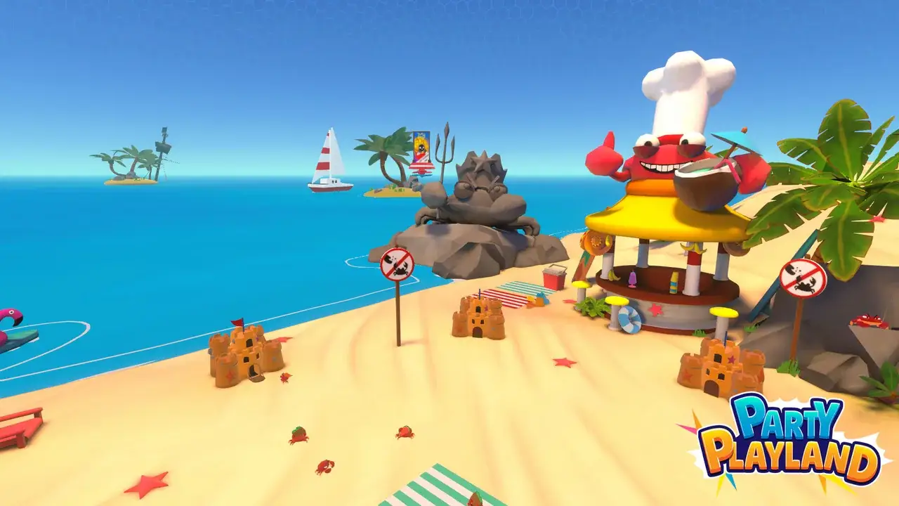 Sunny beach with sandcastles, a crab in a chef hat and a snack stand
