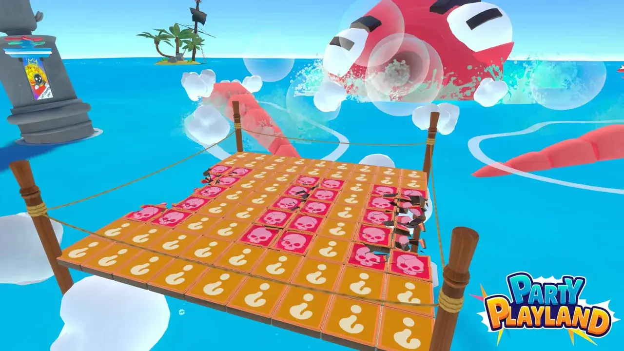 Platform of question-mark and skull tiles over the sea, giant octopus behind