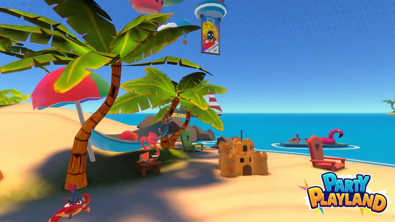 Beach with palm trees, hammock, parasol and sandcastle