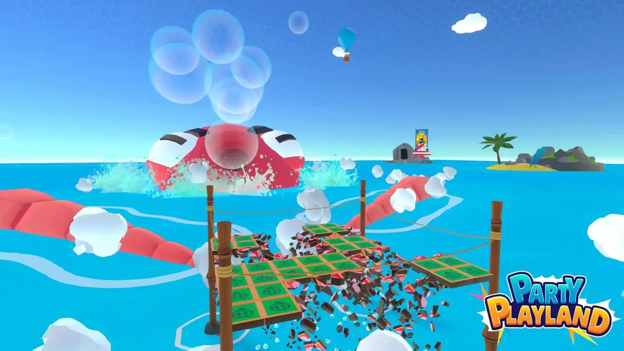 Crumbling platform over the sea as an octopus blows bubbles