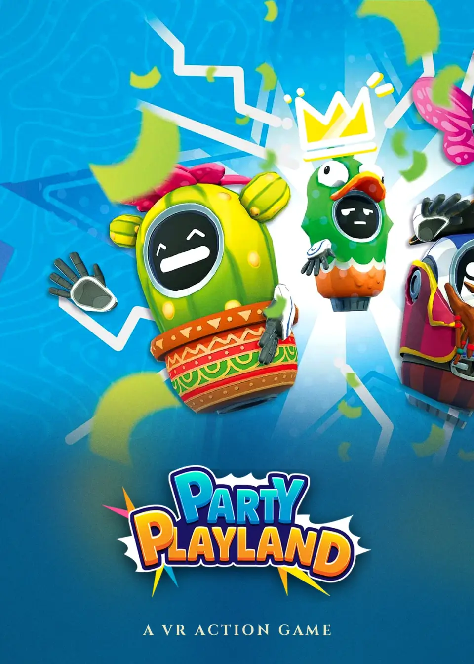 Party Playland poster: colourfully costumed characters, including a cactus and a parrot with a crown