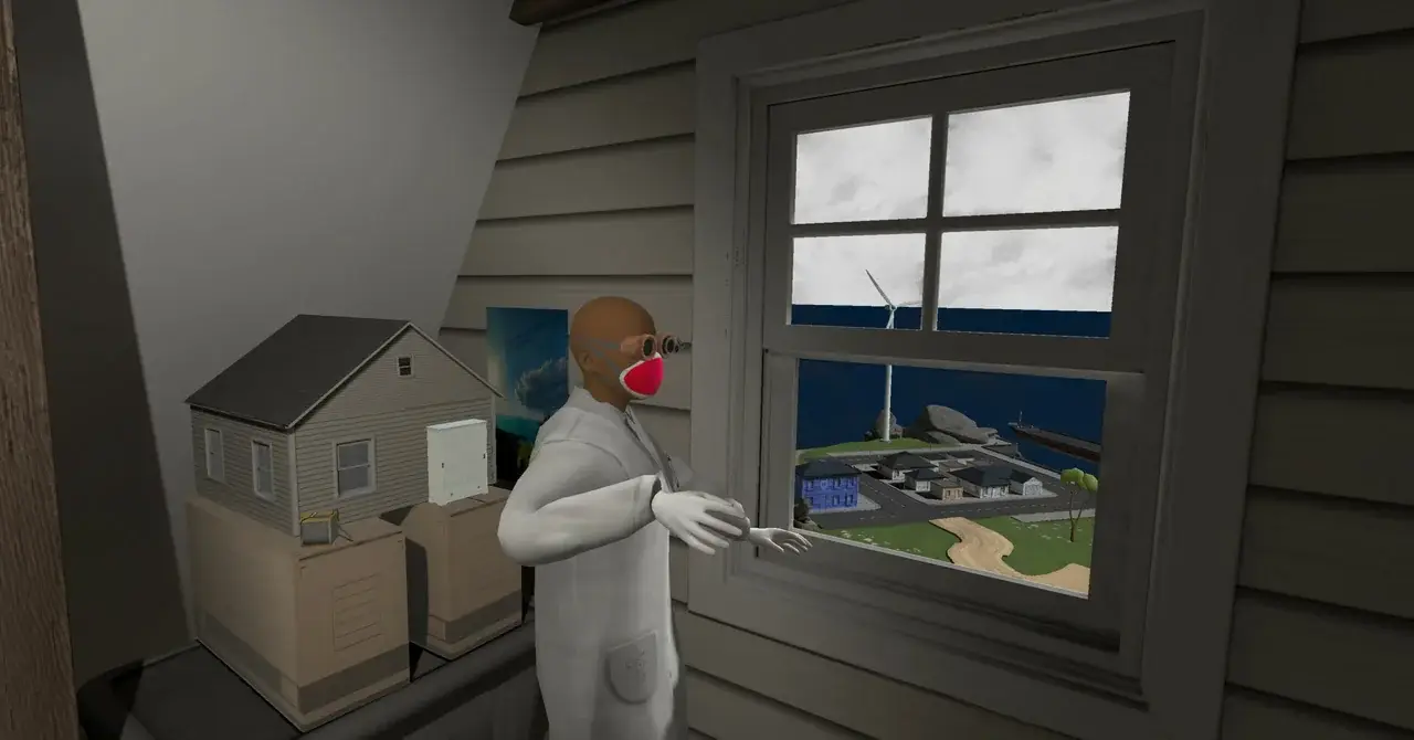 Forscher mit Gasmaske am Dachfenster, daneben ein Puppenhaus