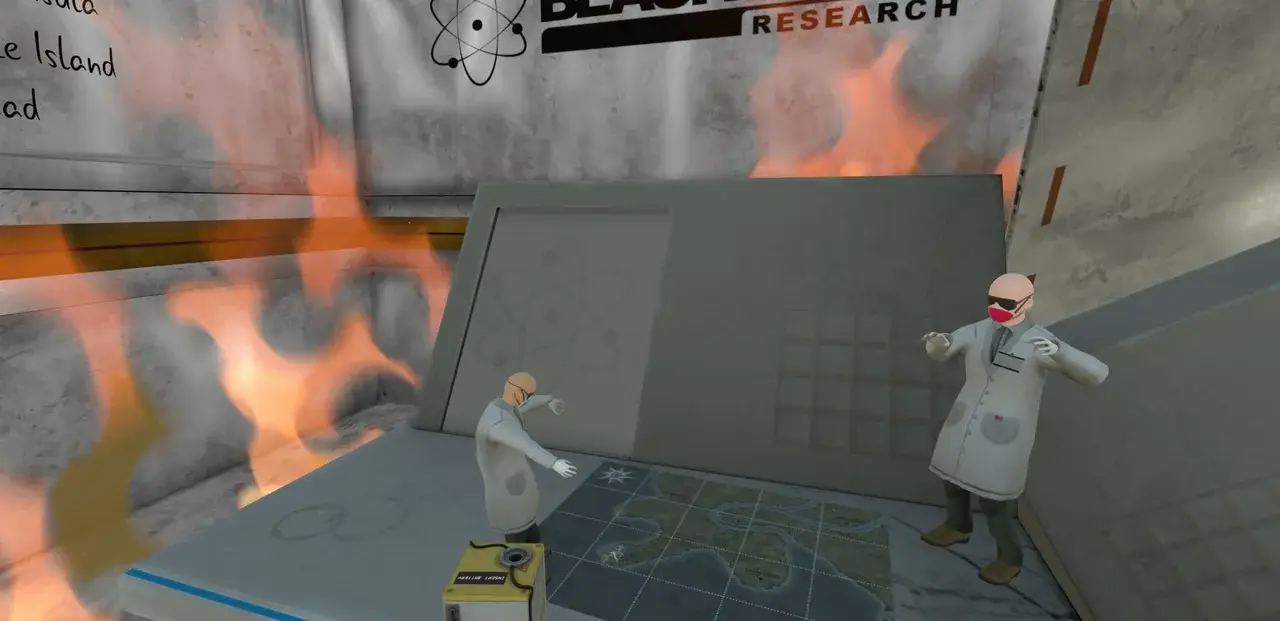 Winzige Forscher auf einem Schreibtisch mit Karte, daneben lodern Flammen