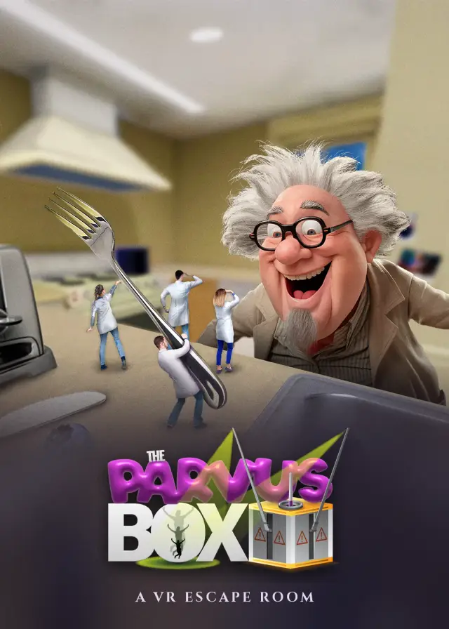 Plakat von Parvus Box: grinsender Professor Parvus mit winzigen Wissenschaftlern in der Küche