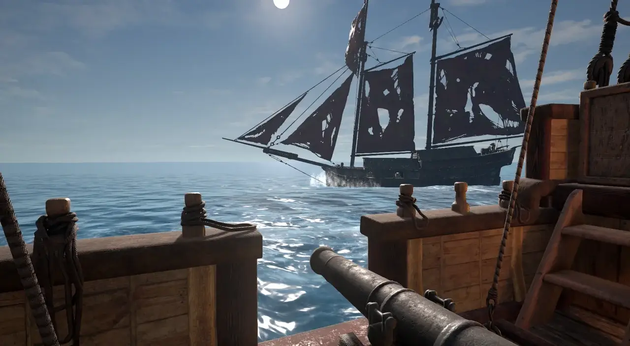 Geisterschiff mit zerfetzten Segeln, vorne eine Kanone an Deck