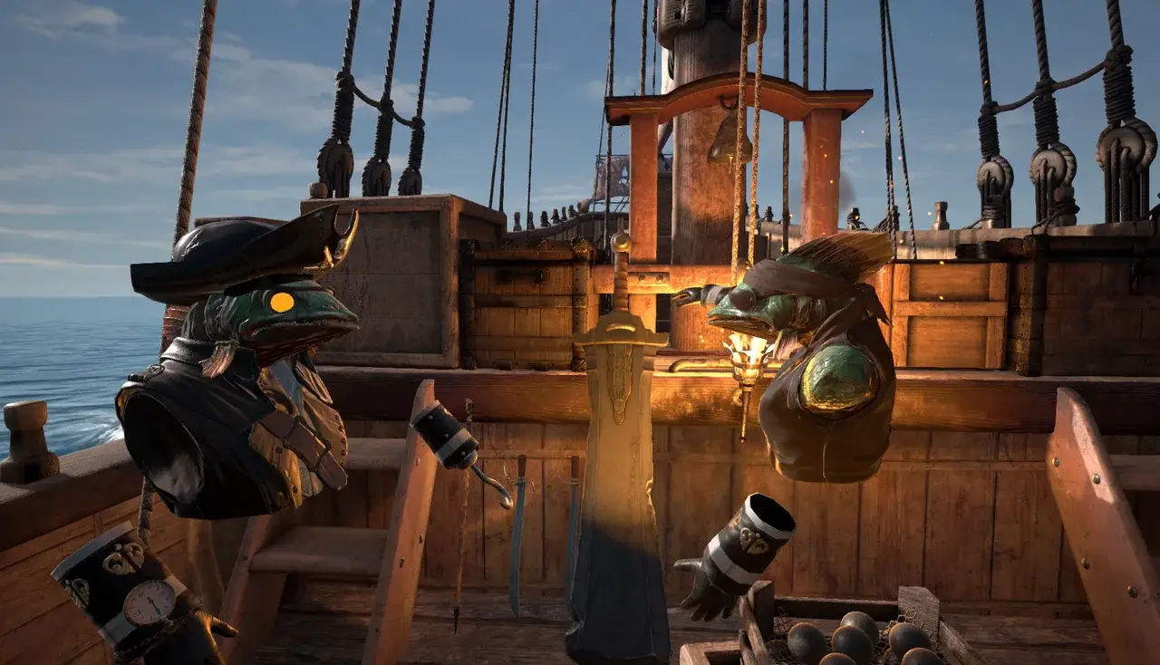 Spielfiguren mit Fischköpfen in Piratenkleidung an Deck des Schiffs
