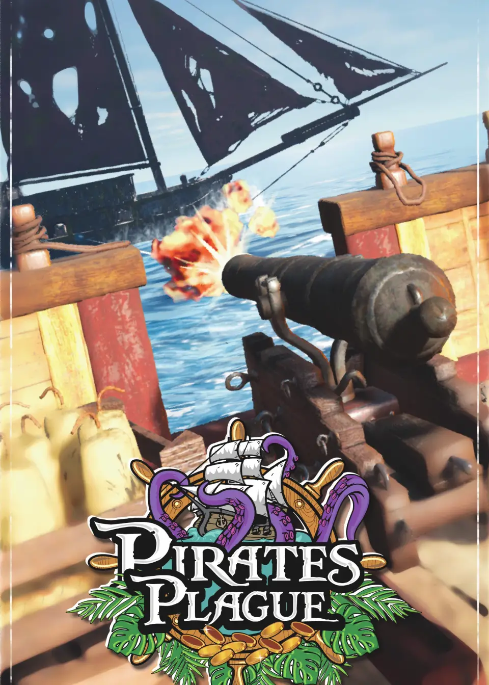 Plakat von Pirates Plague: Kanone feuert vom Deck eines Piratenschiffs