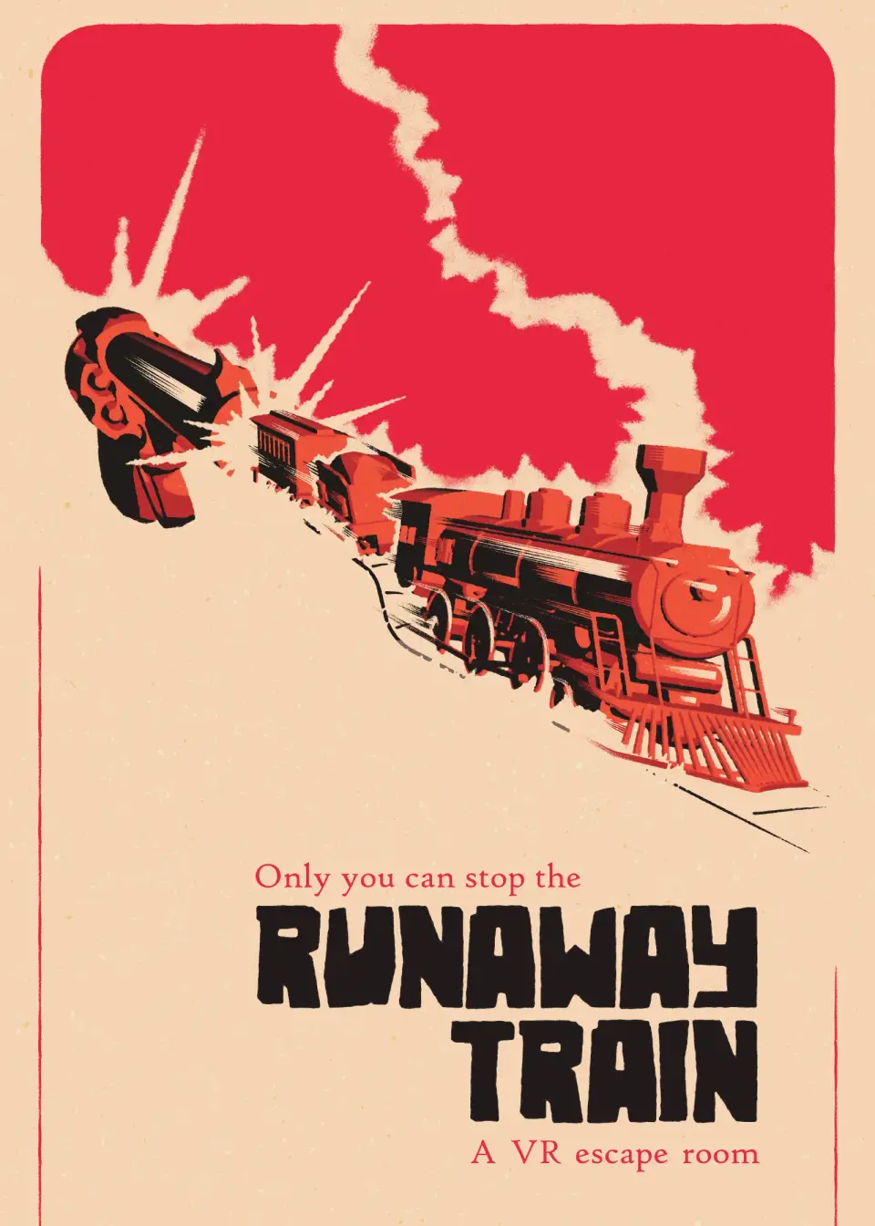 Plakat von Runaway Train: rote Dampflok mit Rauchfahne vor rotem Himmel