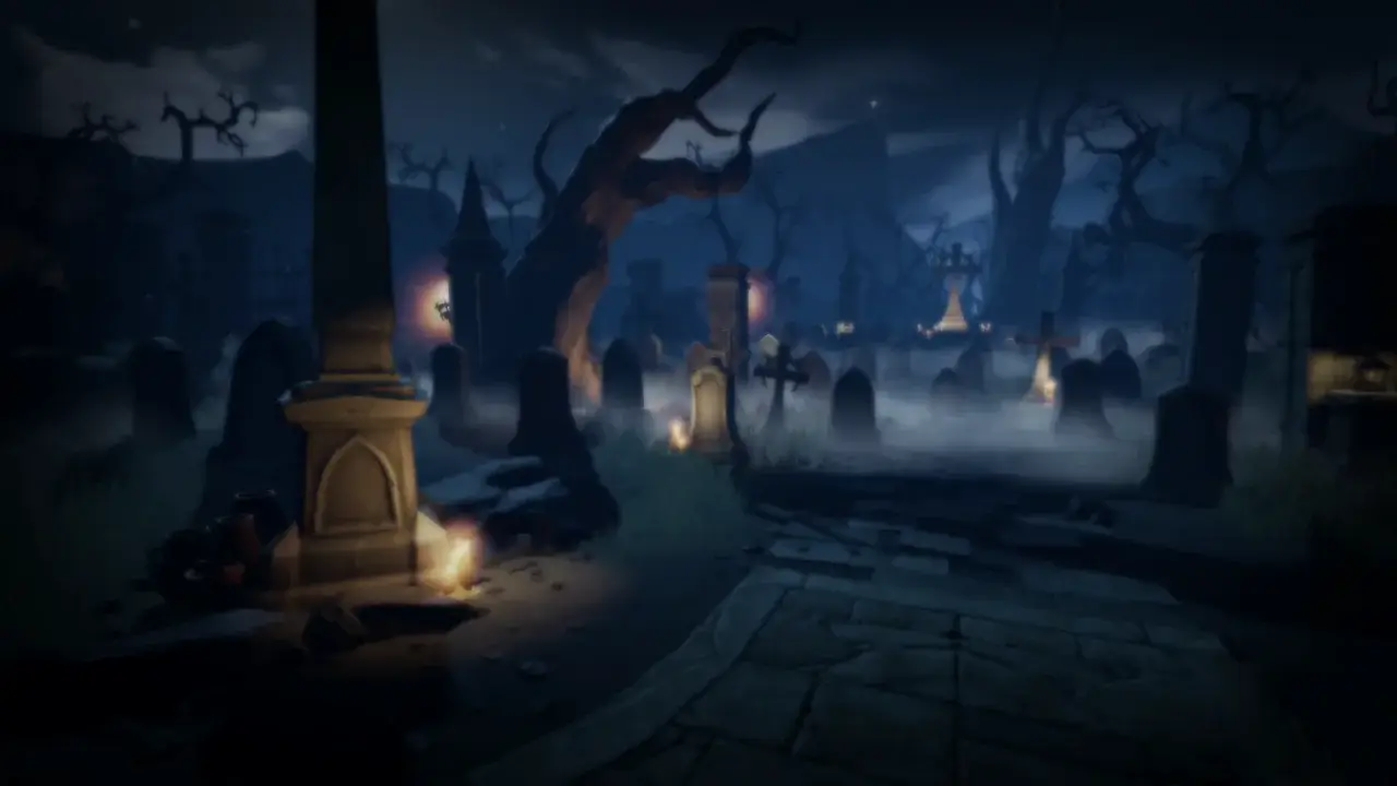 Foggy graveyard at night with obelisk, candles and bare trees
