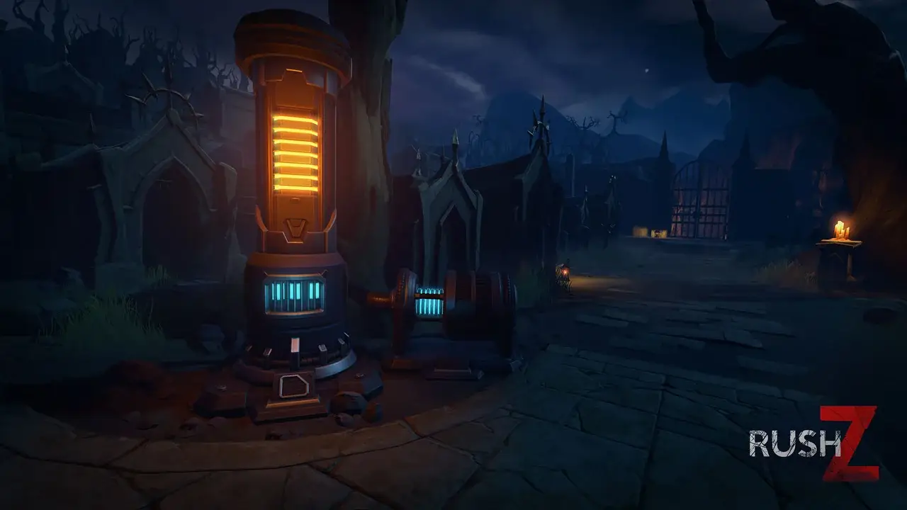 Glowing generator in a night-time graveyard in front of crypts