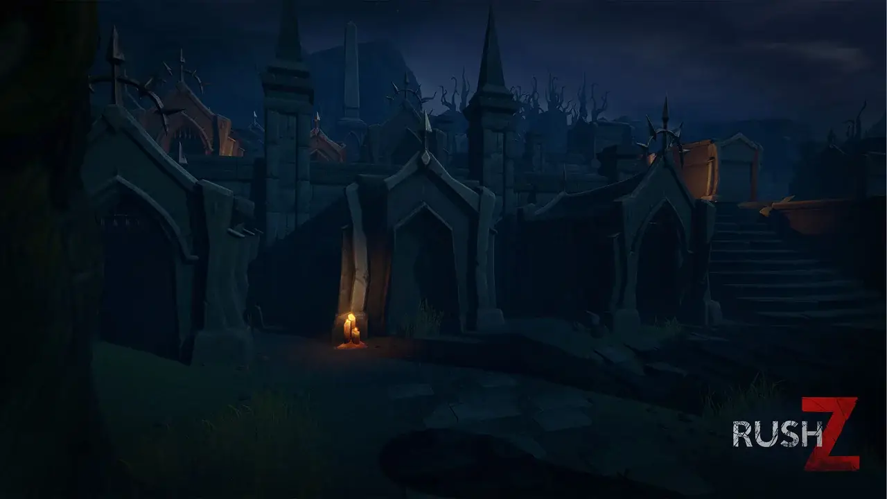 Gothic crypts and stairs in moonlight with a single candle