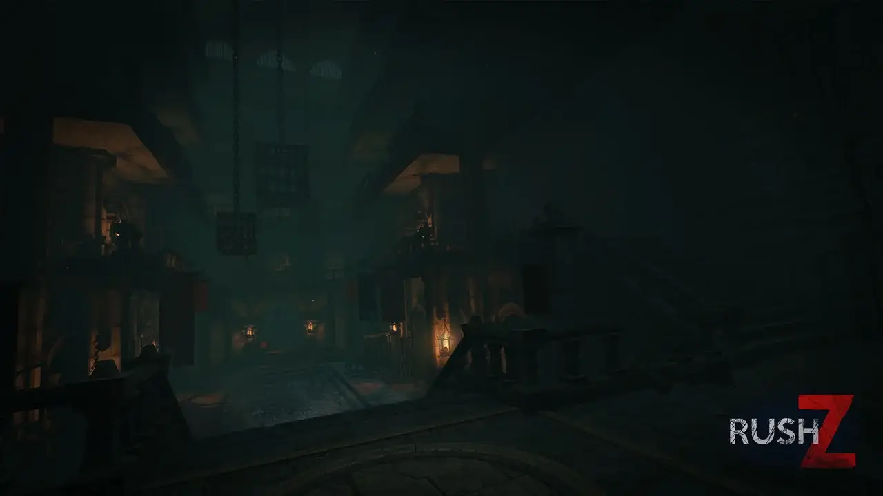Gloomy vault with hanging cages and torches
