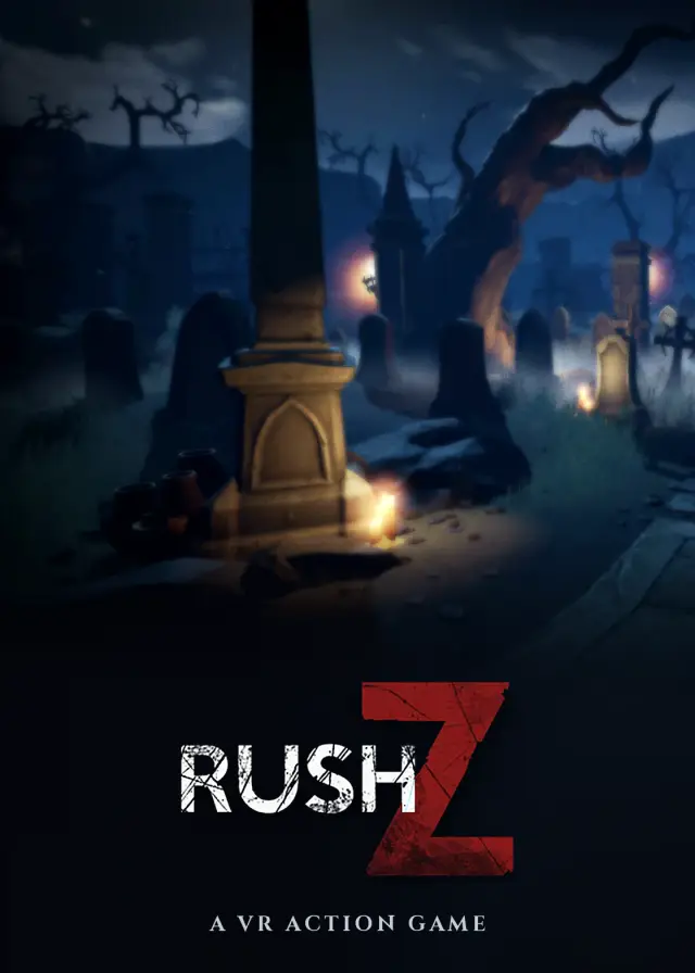 Plakat von Rush Z: nebliger Friedhof bei Nacht mit beleuchtetem Obelisken