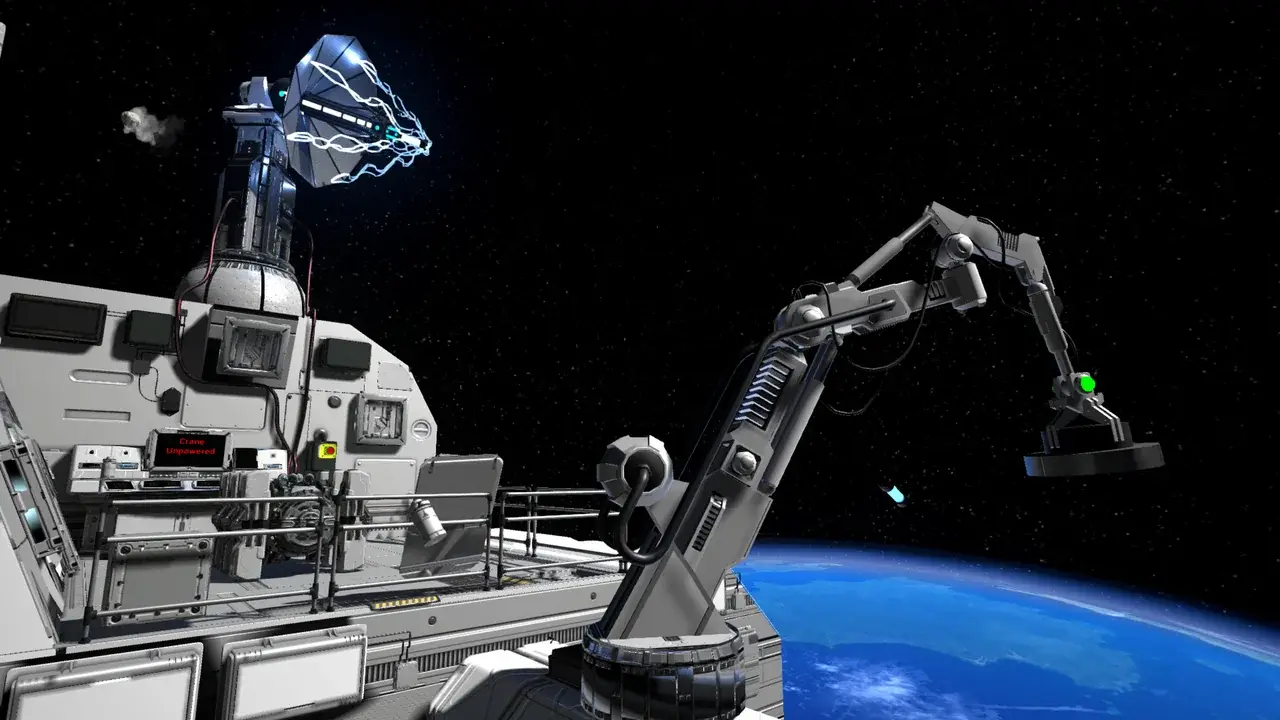 Robotic arm on the outside of the space station with Earth below