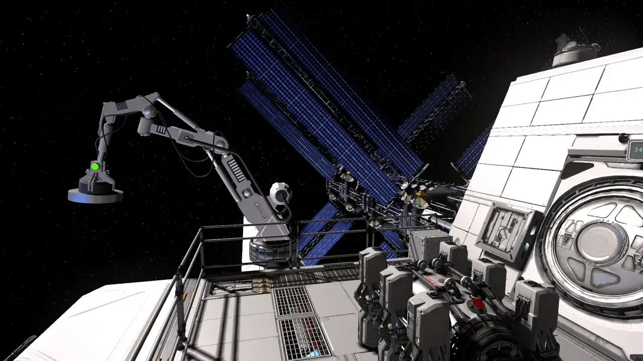 Station exterior platform with a robotic arm and solar panels in space