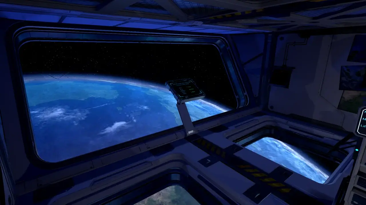 Observation deck with a large window looking down on Earth