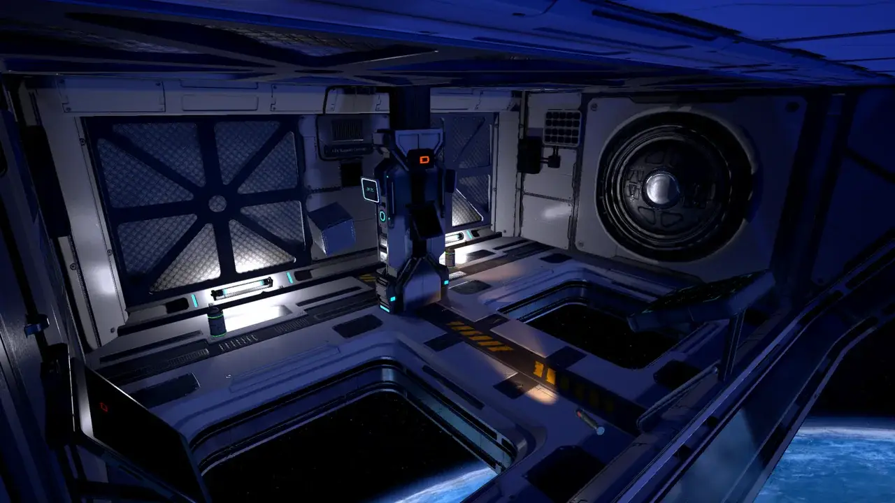 Brightly lit space station module with hatches and wall panels