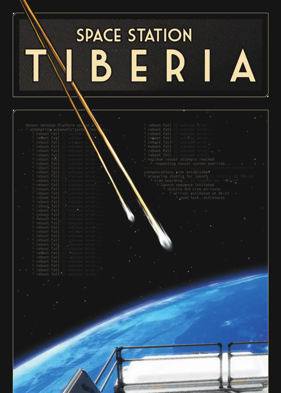 Space Station Tiberia poster: meteors hurtling towards Earth, the space station in the foreground