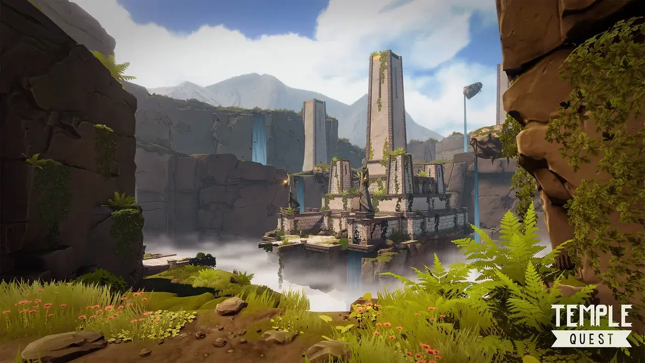 Temple ruins with obelisks and waterfalls in a green gorge