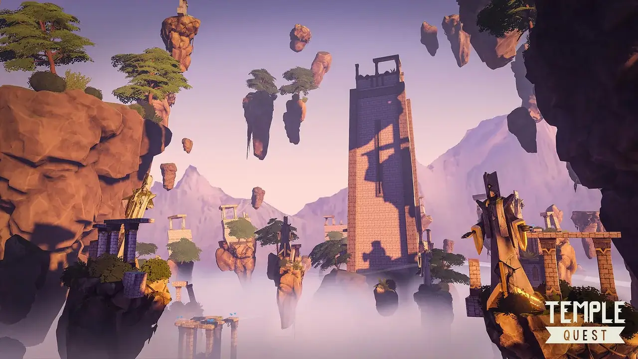Floating rock islands in the mist around a tall stone tower