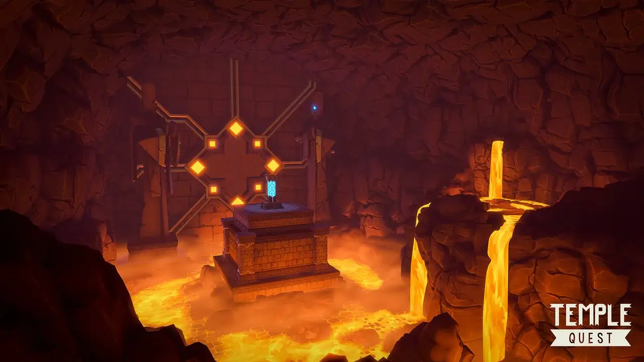 Lava cave with an altar, glowing symbols and a lavafall
